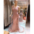 2017 Sem Mangas Veja Através de Tulle Neck Beaded Flouncing Decoração na cintura Andar de comprimento Trail Evening Dress